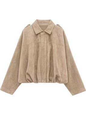 Women's Beige Faux Suede Cropped Bomber Jacket Long Sleeve ZIP Up Coat
